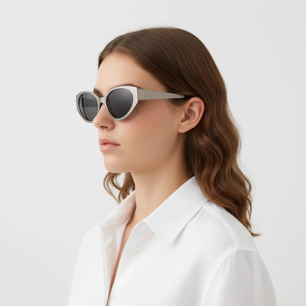 Woman wearing round sunglasses with a plain white background
