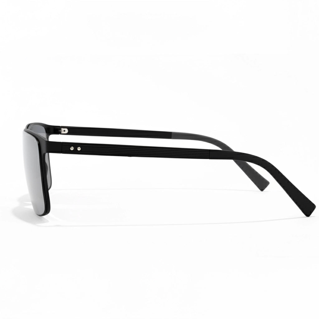 Black sunglasses with reflective lenses on a white background
