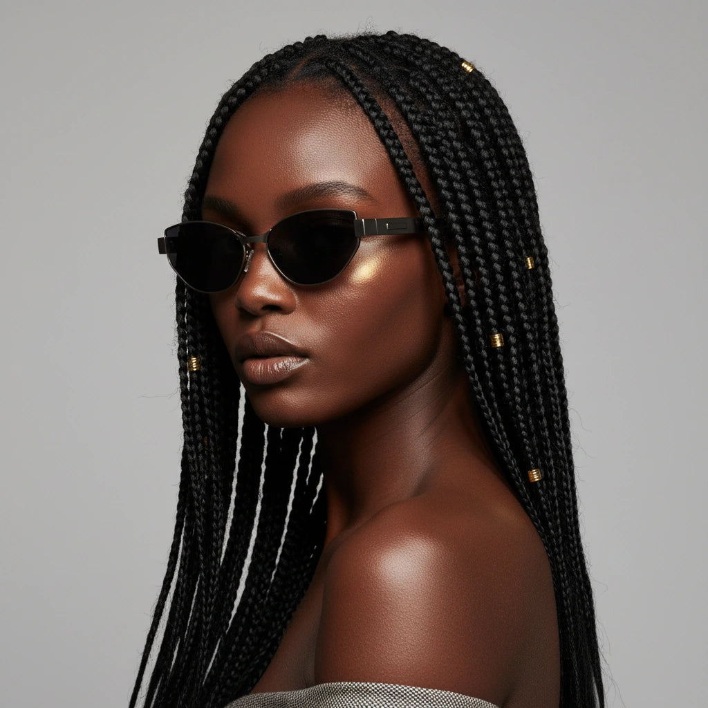 An elegant woman wears luxurious titanium cat-eye sunglasses, showcasing the lightweight design from the side profile.