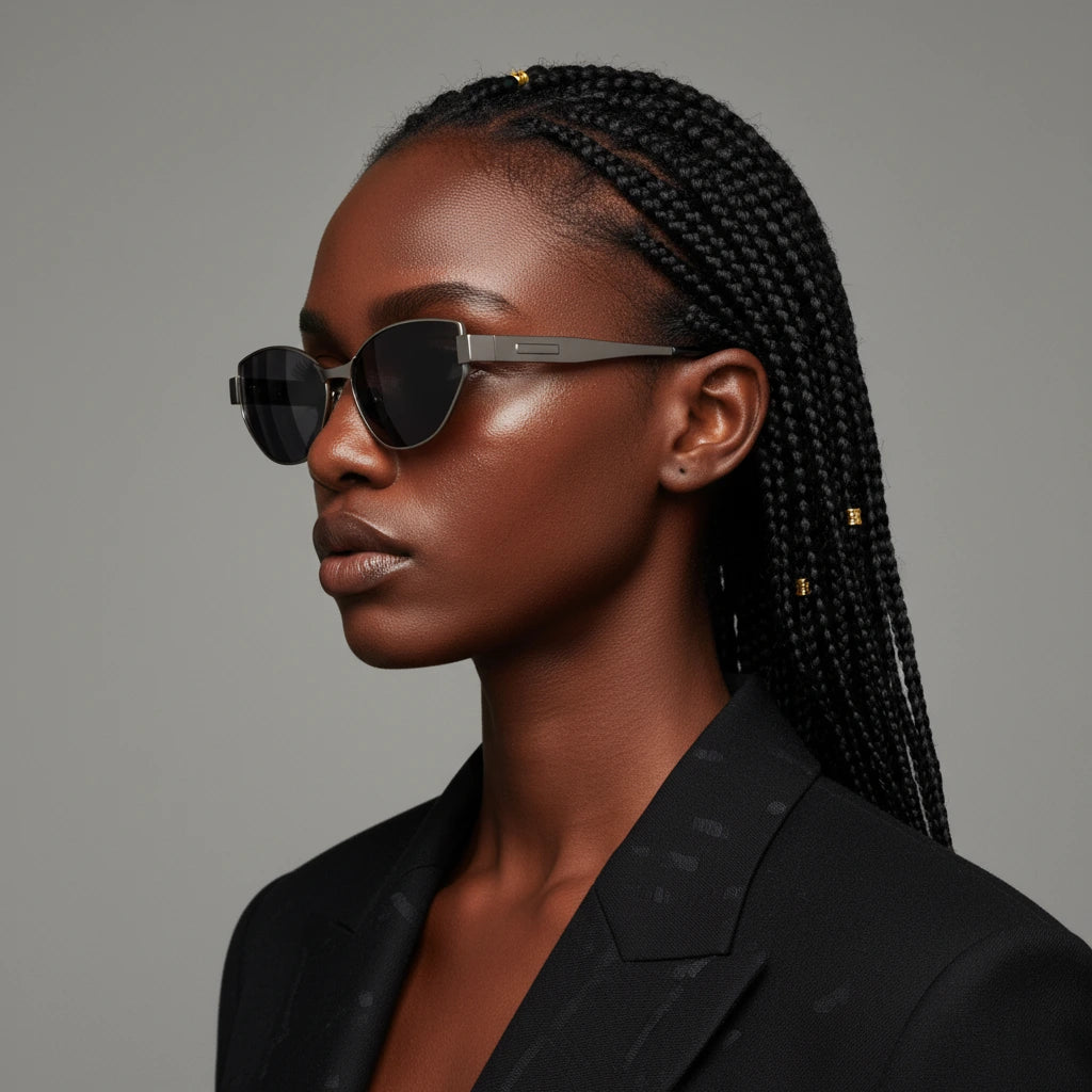 The woman wears titanium cat-eye sunglasses from the side, highlighting the gunmetal gray frame and dark black lenses.