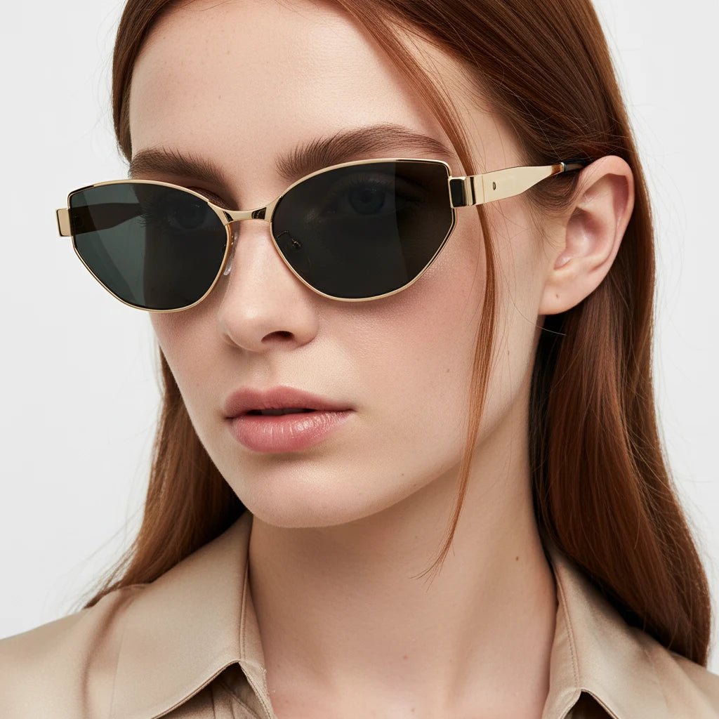 Model wearing gold titanium cat-eye sunglasses, side view highlighting temple design and dark lenses
