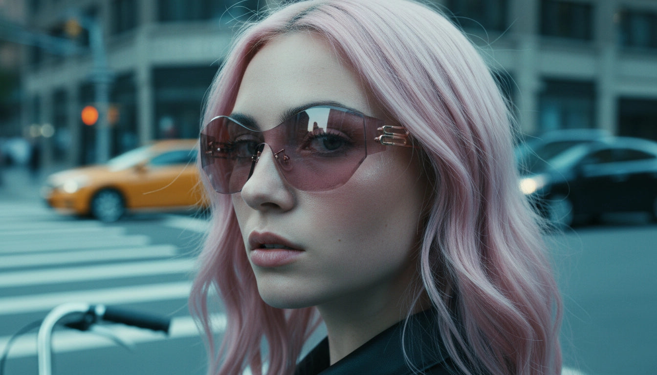 Person with pink hair wearing sunglasses in an urban setting