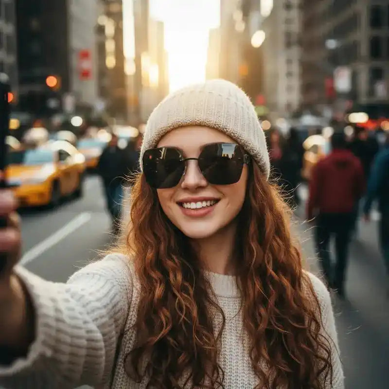 Trendy sunglasses NYC selfie, woman capturing city life with stylish eyewear