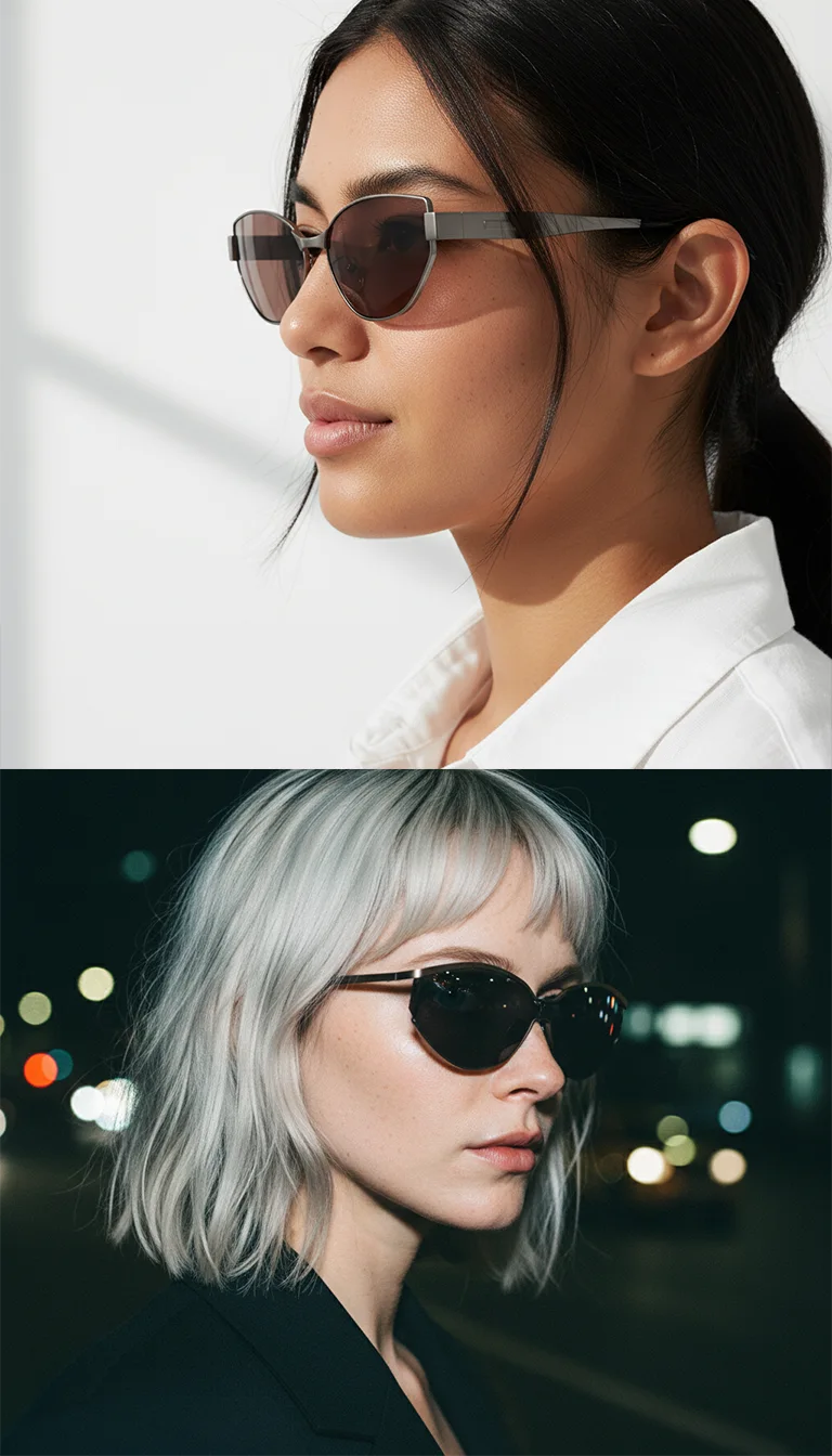 Silver-haired girl in black cat-eye sunglasses city night lights bokeh portrait