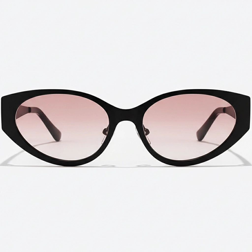 Black cat-eye sunglasses with pink gradient lenses on a white background
