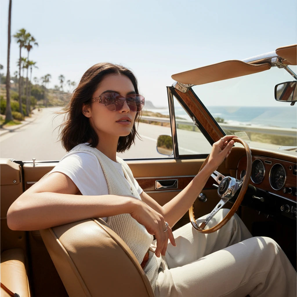 A woman wears pink shield sunglasses while driving a vintage convertible by the coast, demonstrating the style’s versatility for upscale casual and travel outfits.