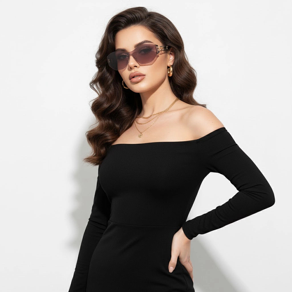 A woman adjusts pink shield sunglasses while wearing a black off-shoulder dress, showcasing the style’s adaptability as a bold accessory for upscale occasions.