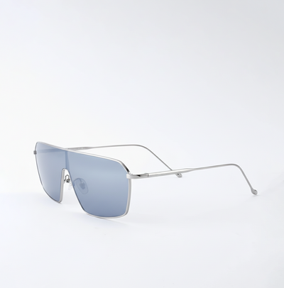 Side view of BAPORSSA silver frame blue lens shield sunglasses with ultra-thin titanium temples