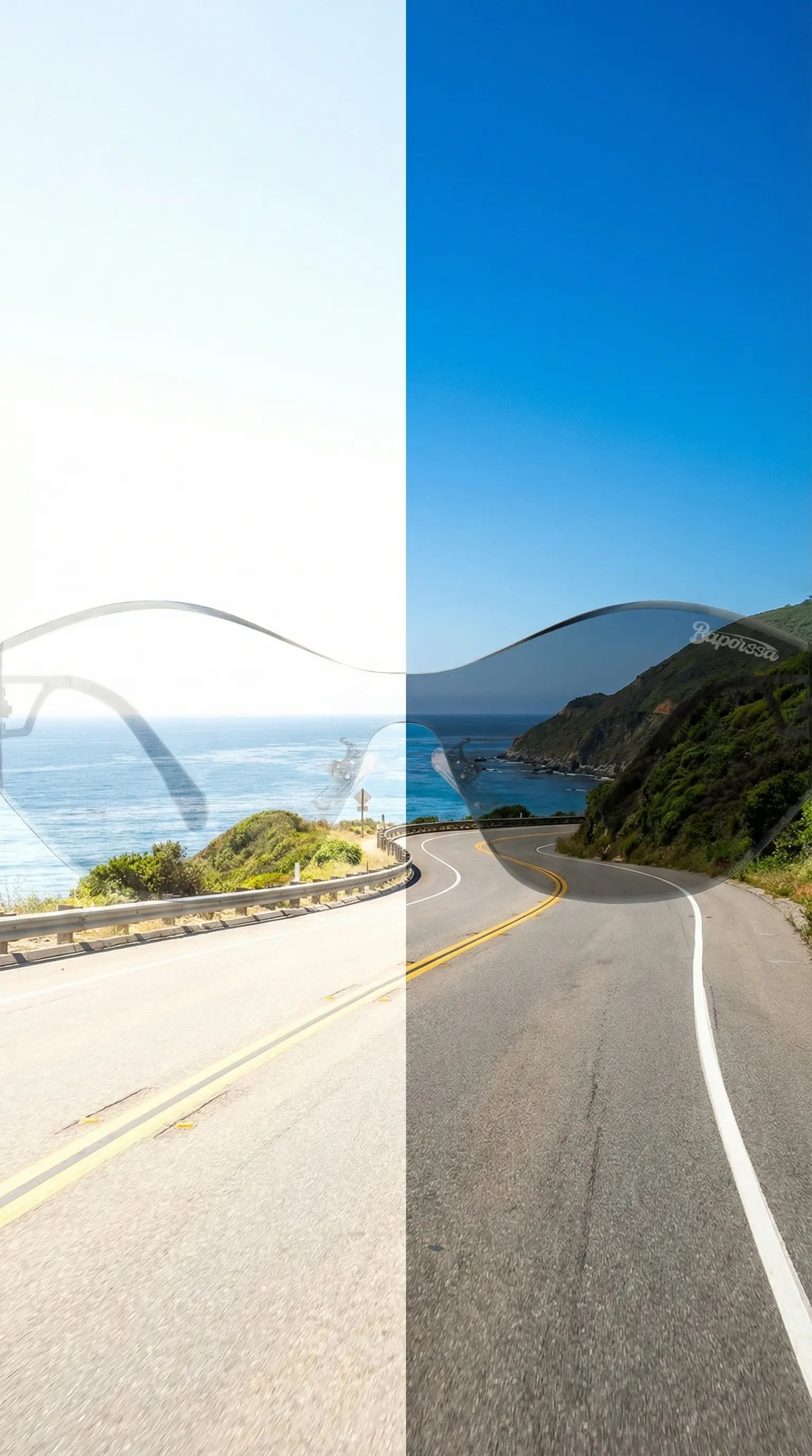 Split image showing a bright, glare-filled coastal road vs. the same scene viewed through a polarized lens, revealing clear blue skies and vibrant colors.