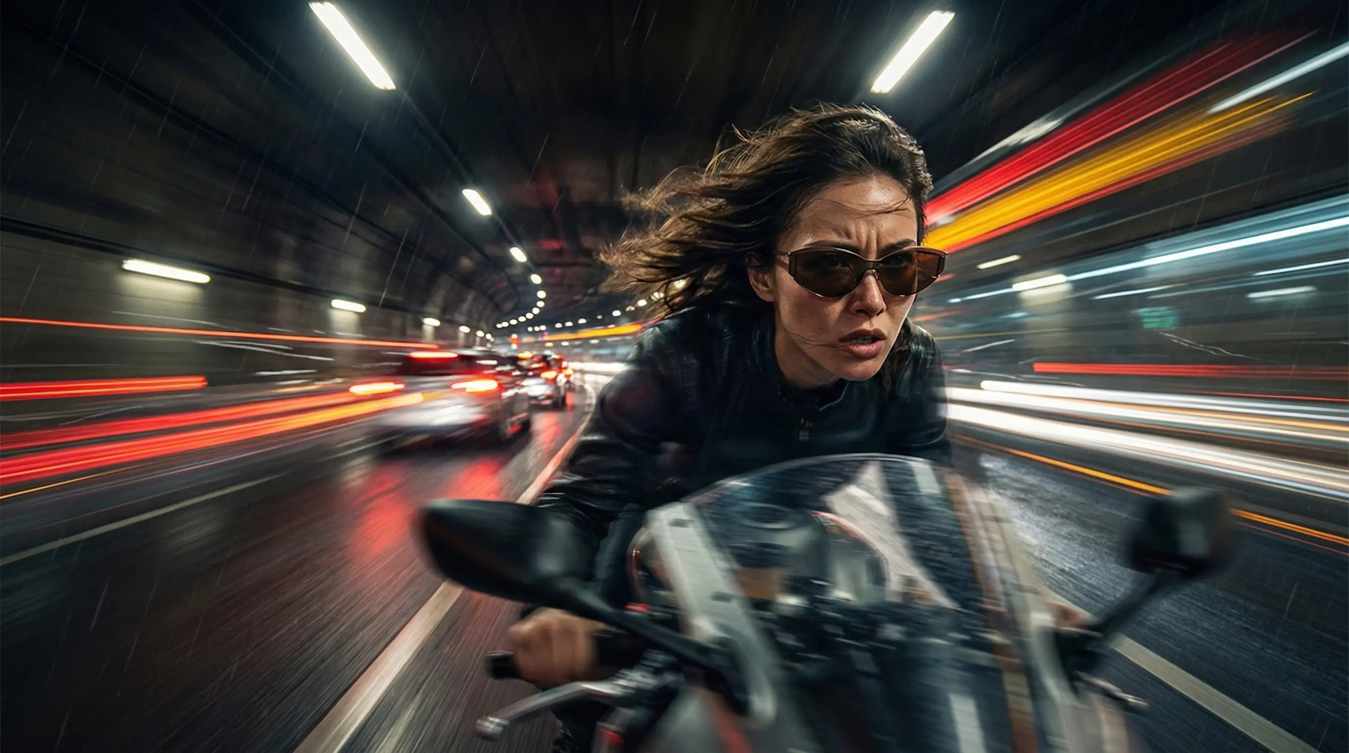 Brown polarized sunglasses reducing headlight glare during rainy tunnel motorcycle rides.