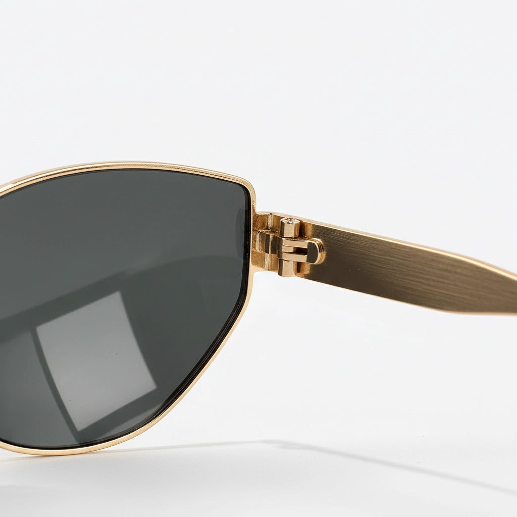 Close-up of gold titanium cat-eye sunglasses hinge and temple, premium spring hinge detail