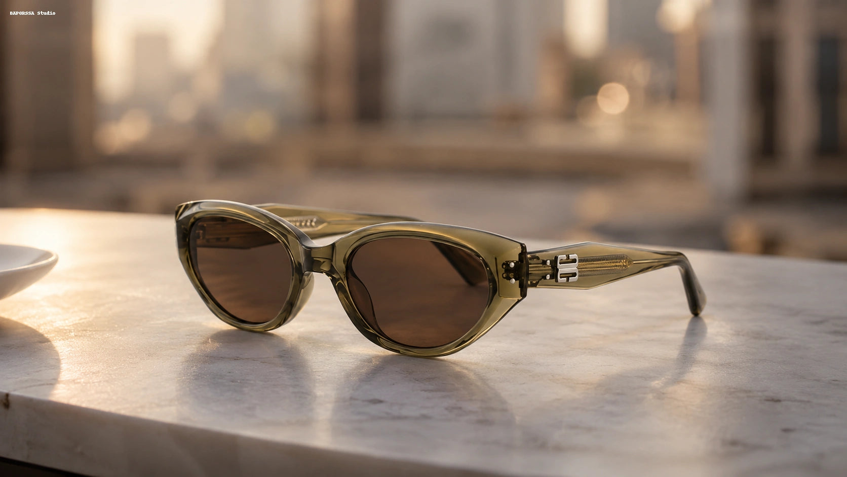 BAPORSSA sunglasses captured at sunset on a luxury marble display surface