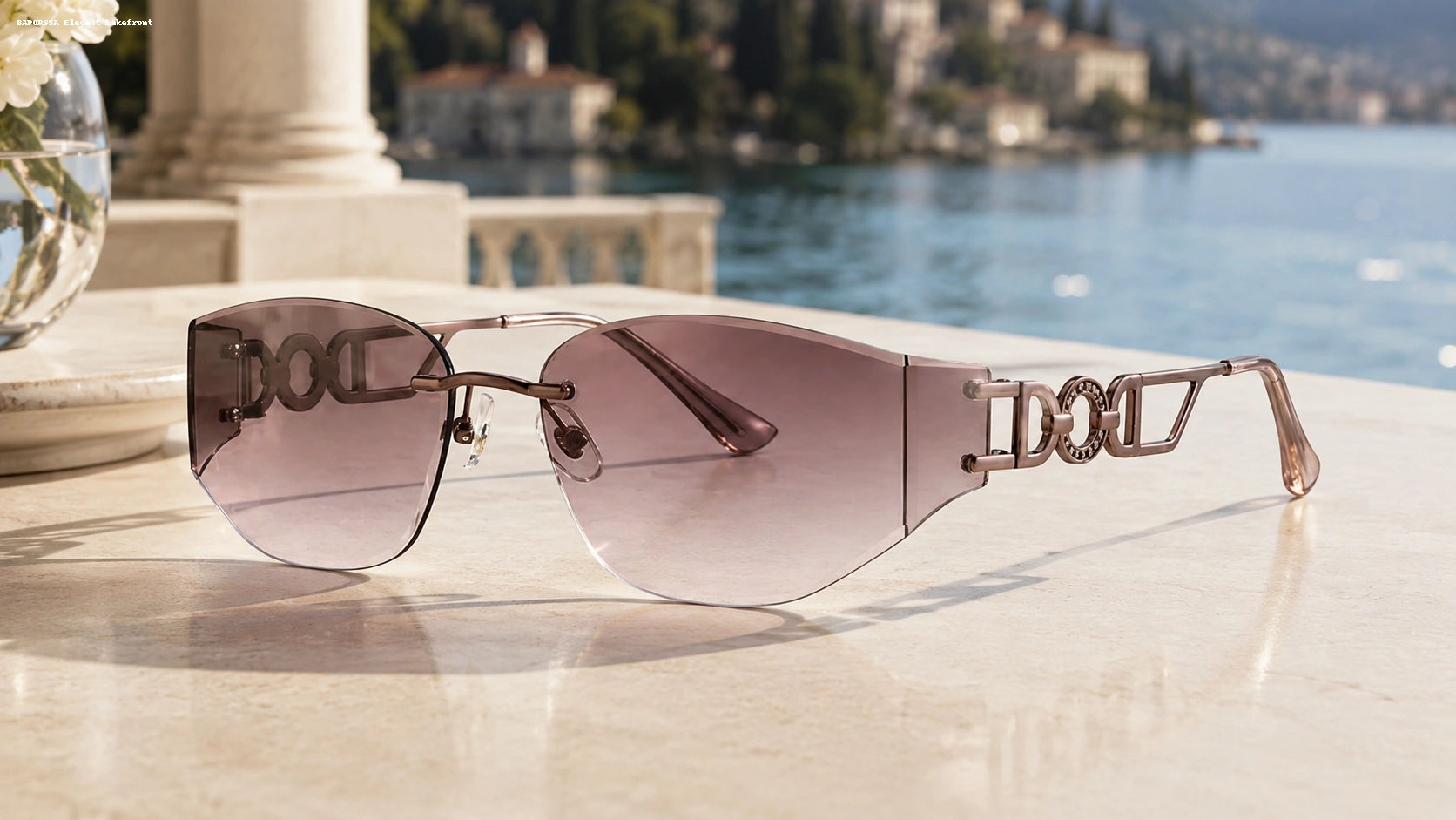 BAPORSSA luxury rimless sunglasses displayed on a table against a scenic lakefront background