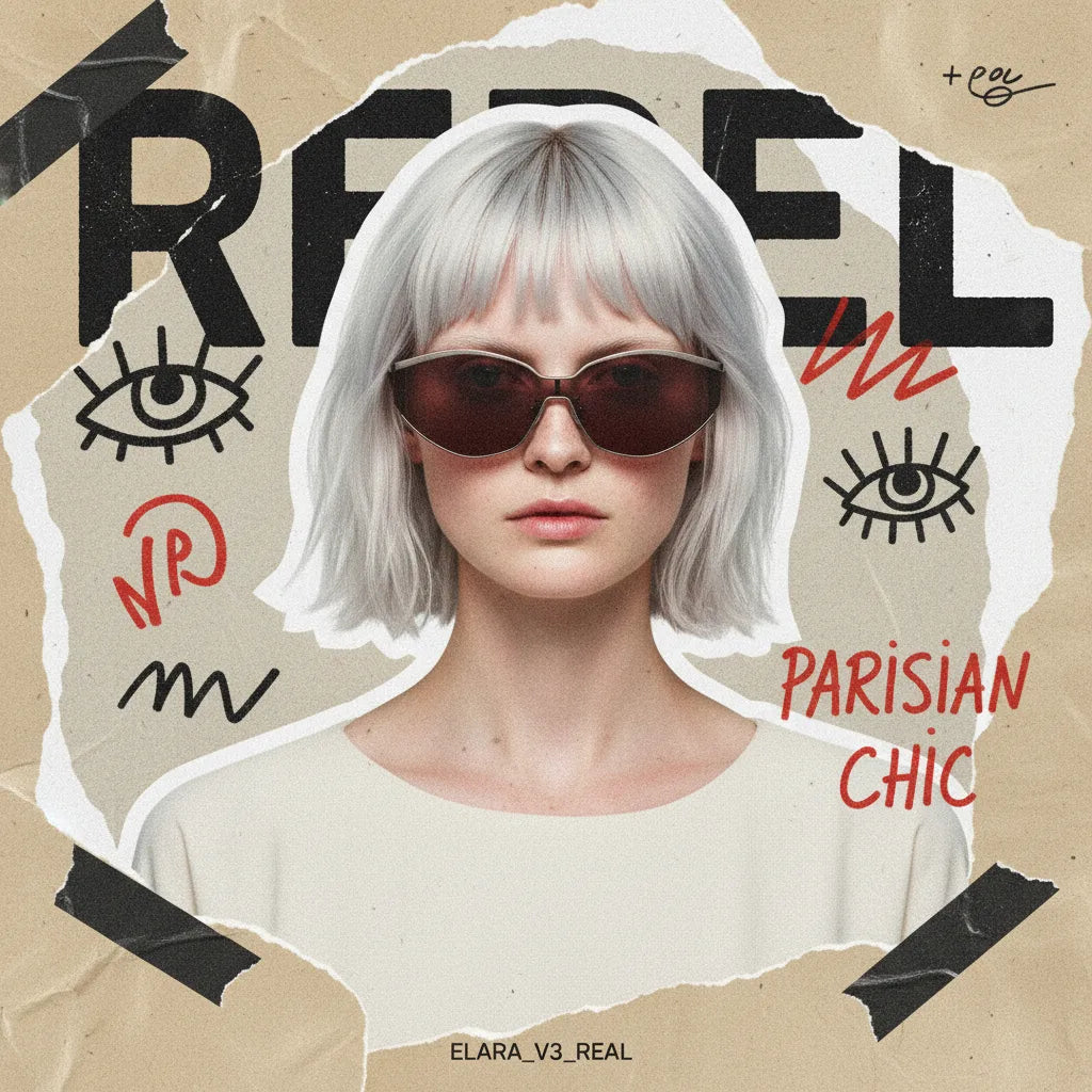 Silver-haired rebel wearing gunmetal cat-eye sunglasses grunge Paris chic moodboard