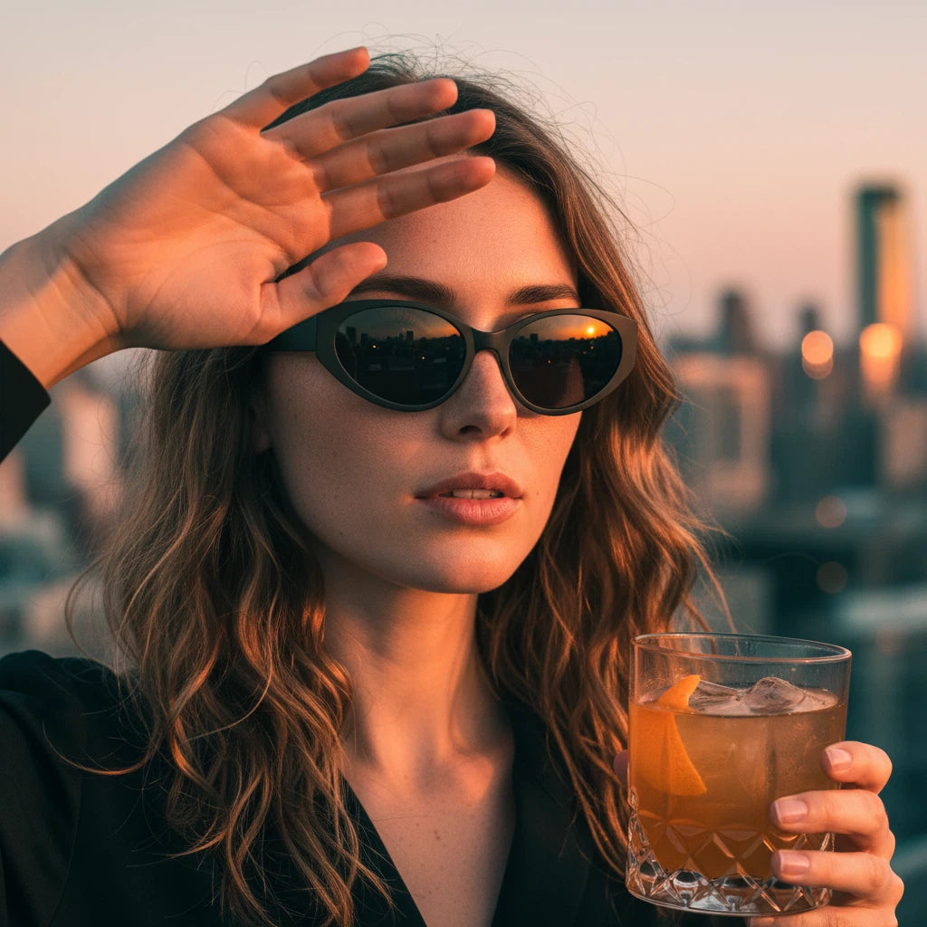 Woman wearing sunglasses and holding a drink with a cityscape in the background