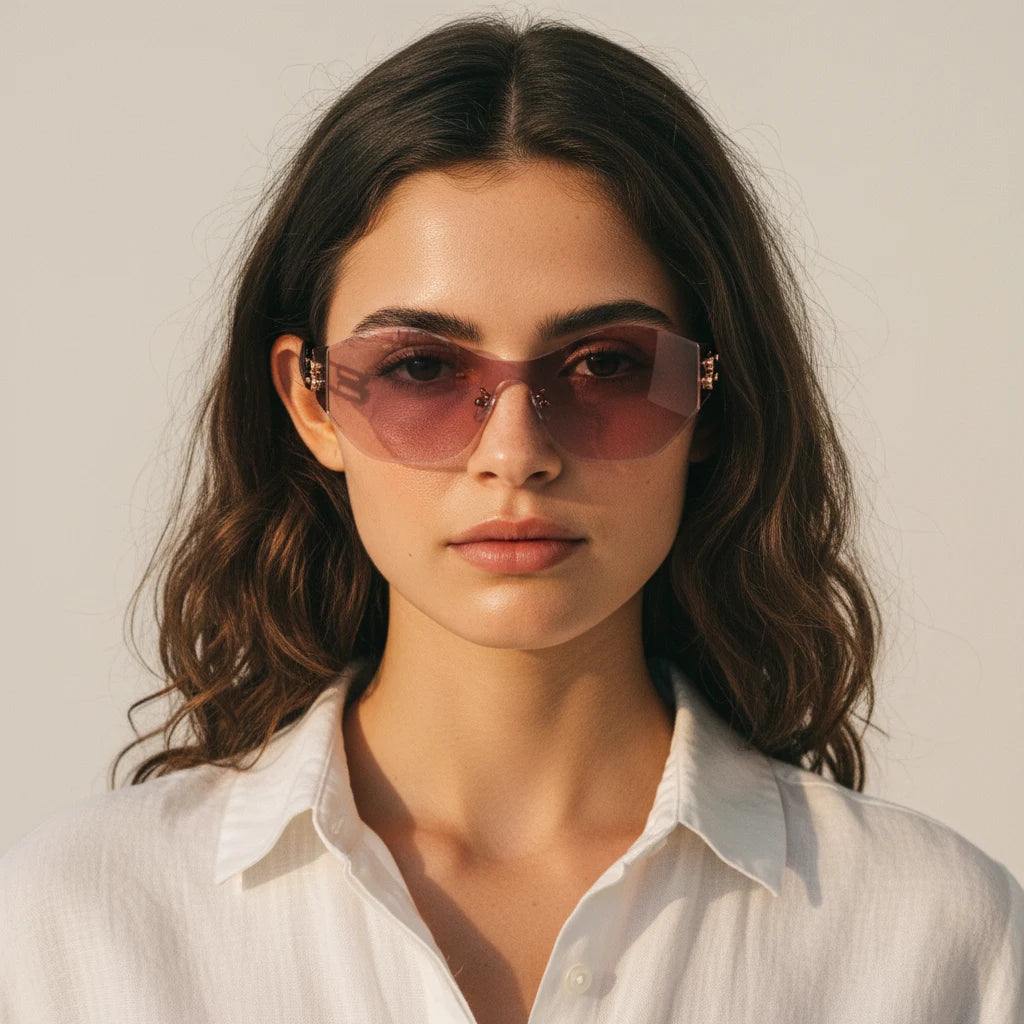 Model in light rose-purple rimless cat-eye sunglasses white shirt minimalist aesthetic
