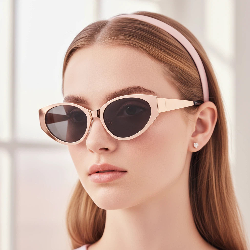 Woman wearing cat-eye sunglasses with a blurred background