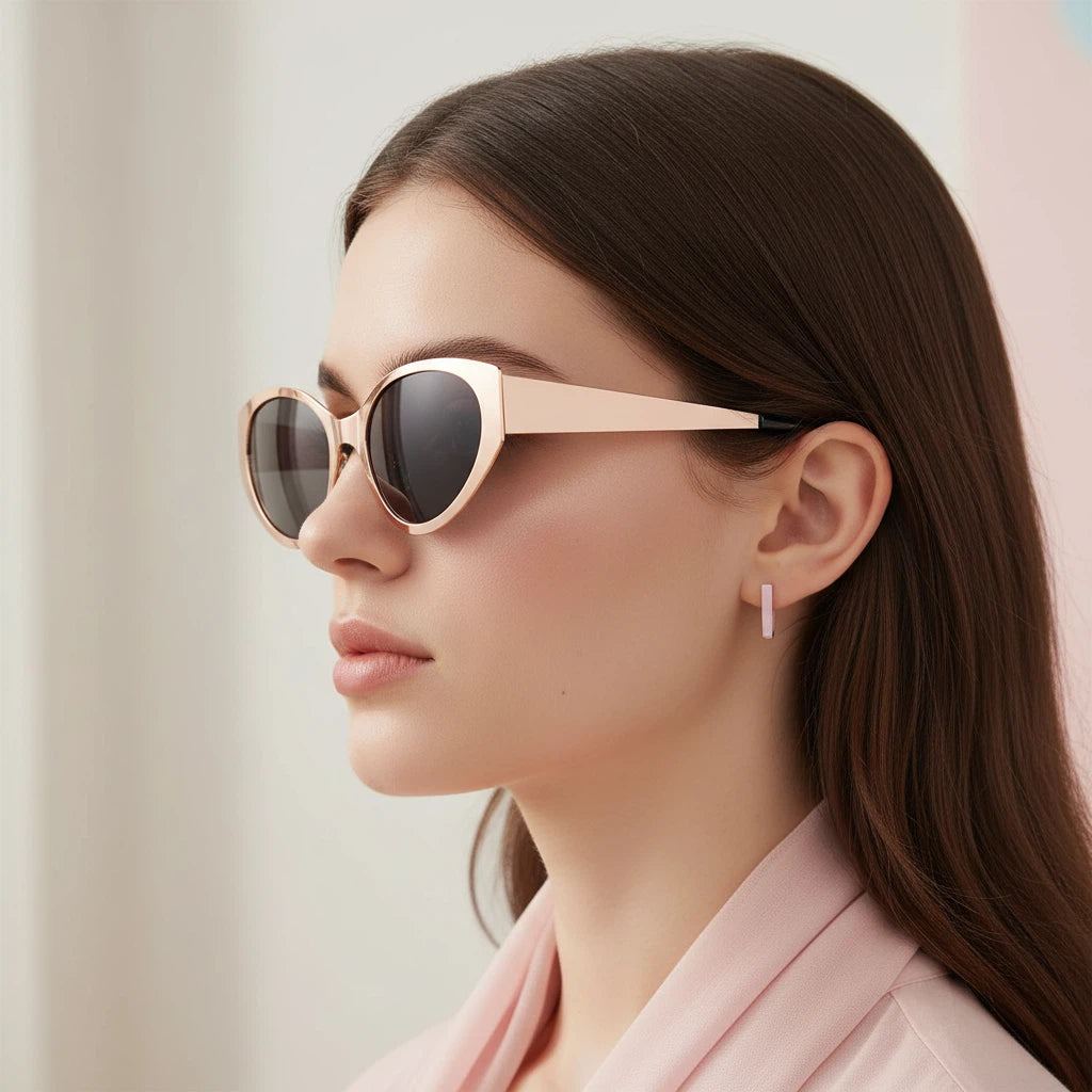 Woman wearing rose gold sunglasses with a neutral background
