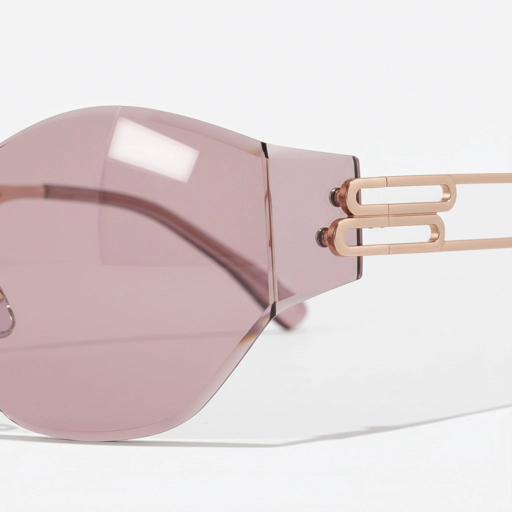 Rose-purple rimless cat-eye sunglasses side view floating product photography