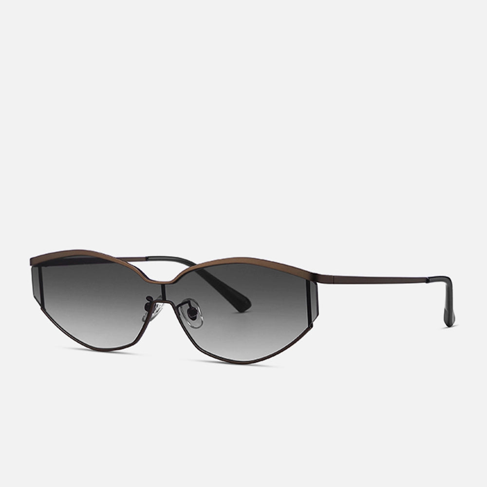 Side angle of fashionable cat-eye sunglasses showcasing a slim brown metal frame and gradient gray lenses.
