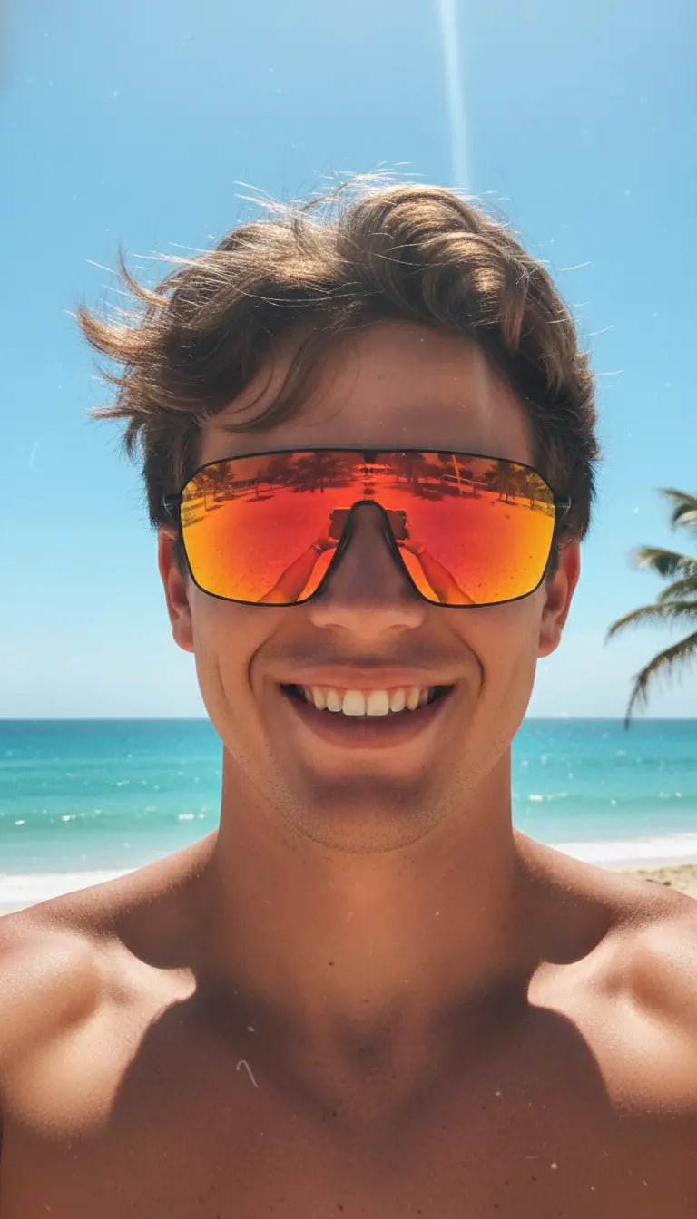 A shirtless man grins at the camera on a sunny beach; his bright orange reflective sunglasses mirror the ocean, palm trees, and clear blue sky.