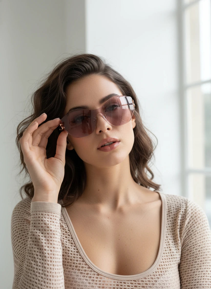 Beautiful woman holding pink gradient sunglasses, wearing light pink open-knit top