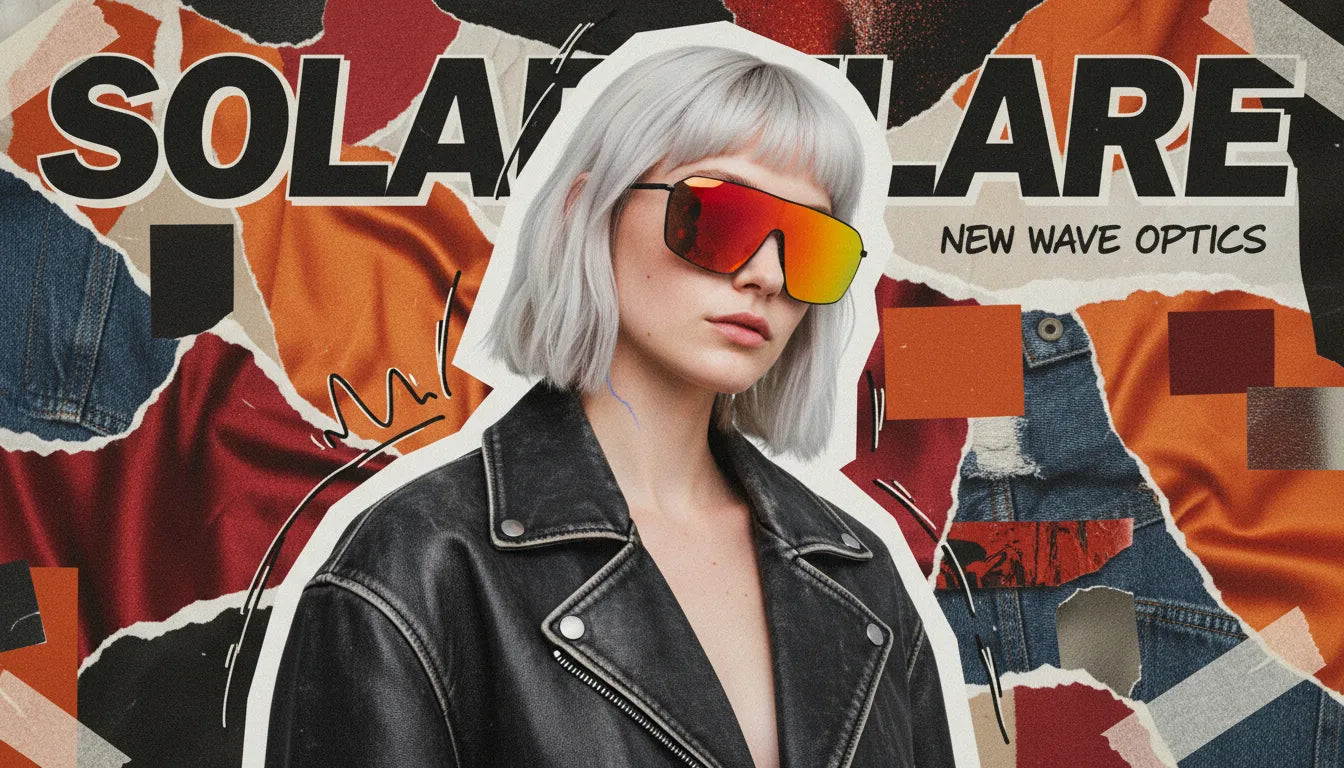 Platinum blonde girl in oversized orange-red mirror shield sunglasses cyberpunk leather jacket
