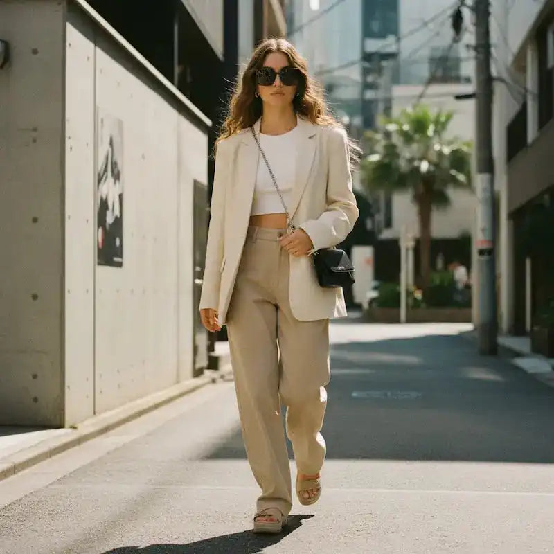Sophisticated city style sunglasses, woman in neutral outfit with urban backdrop