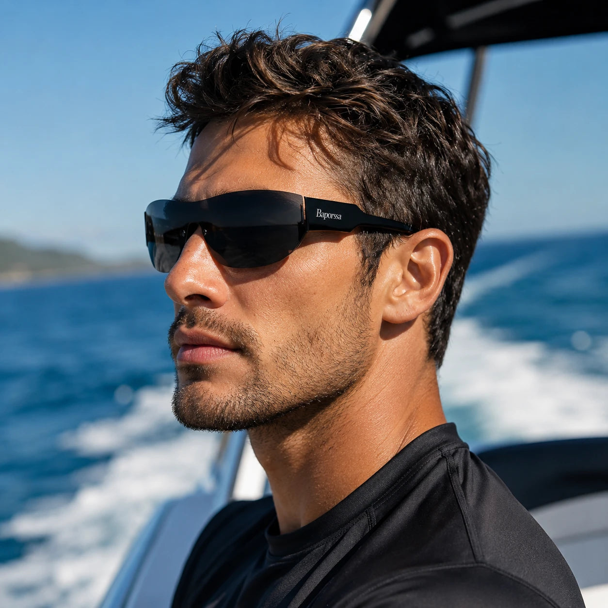 Sprint black model wearing BAPORSSA sunglasses