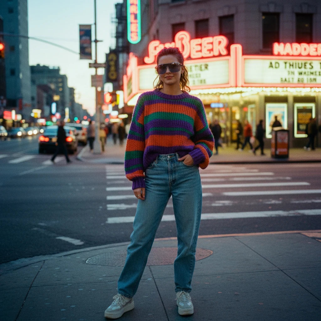 A woman poses confidently in an oversized denim jacket, striped top, and high-waisted jeans, paired with large reflective sunglasses, standing on a wet urban crosswalk at dusk—neon signs and blurred traffic glow in the background.