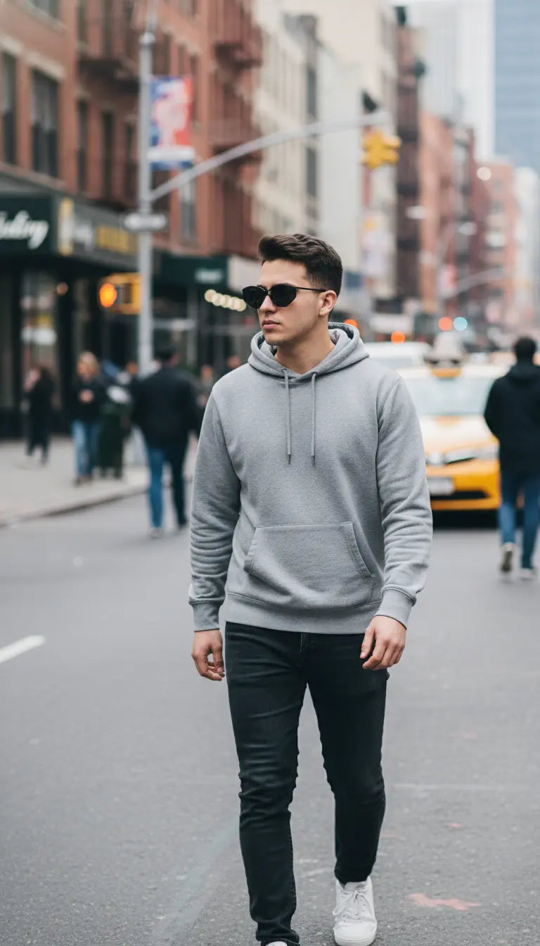 A man wears a gray hoodie, black jeans, and sleek black sunglasses while walking on a busy urban street—yellow taxis and brick buildings fill the background.
