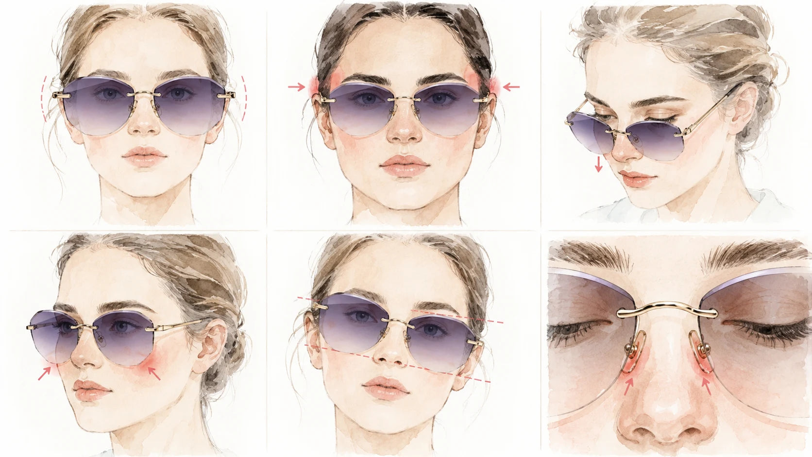 Sunglasses fit diagnostic showing oversized frames temple pressure sliding low bridge crooked frames and nose pad pressure