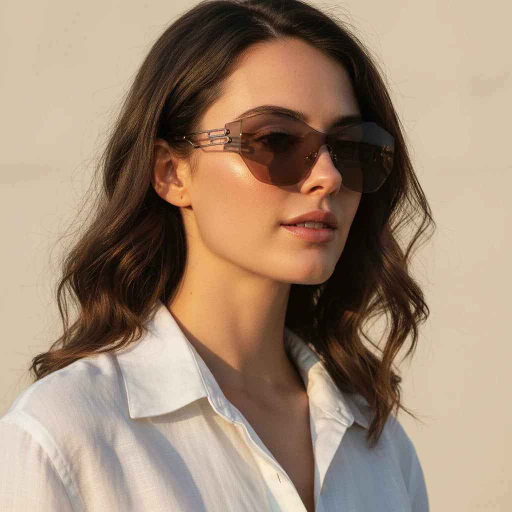 Woman in deep espresso-to-clear gradient rimless cat-eye sunglasses sunset street style