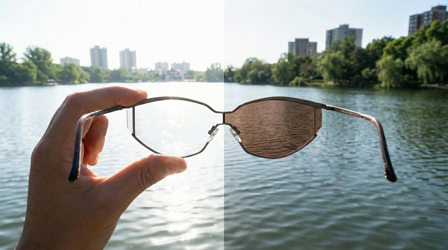 Hand holding a pair of sunglasses with a cityscape and lake in the background
