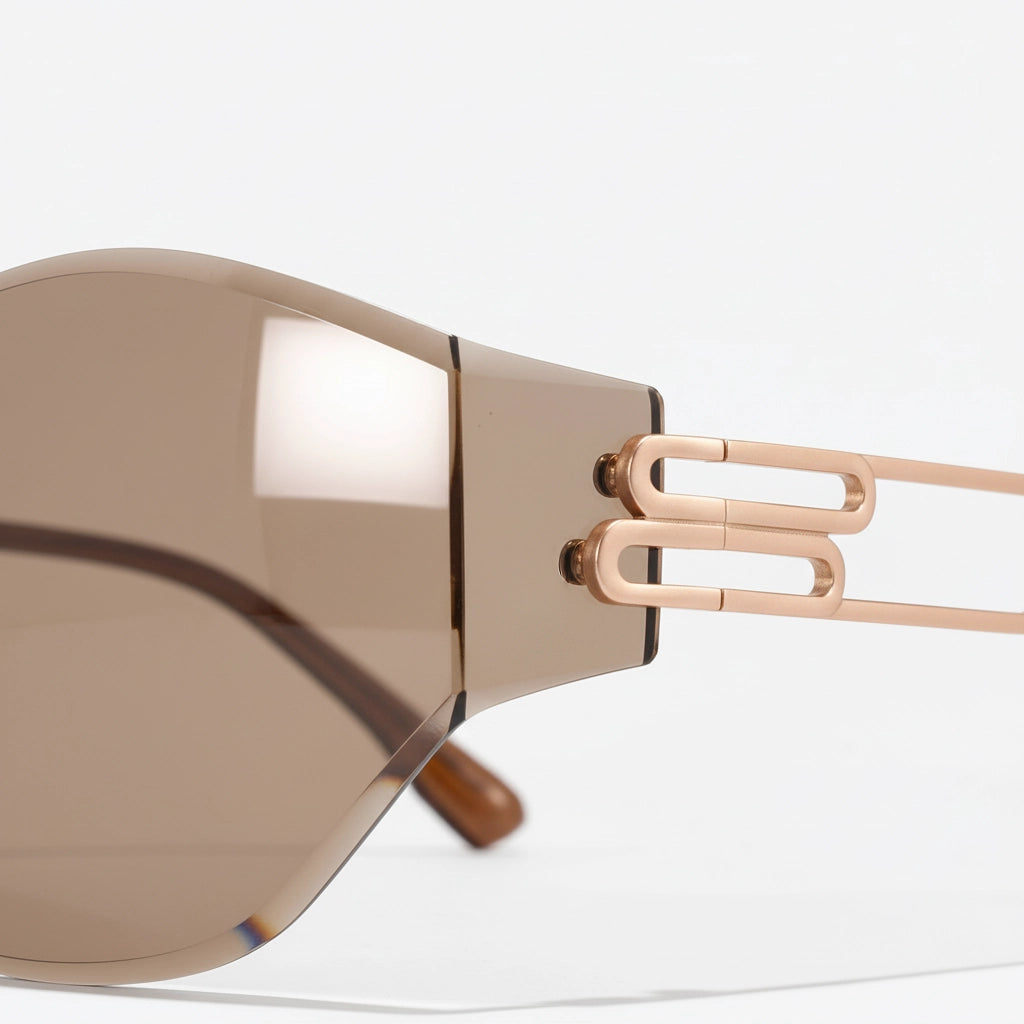 Macro side profile iced coffee brown rimless cat-eye with rose-gold temples
