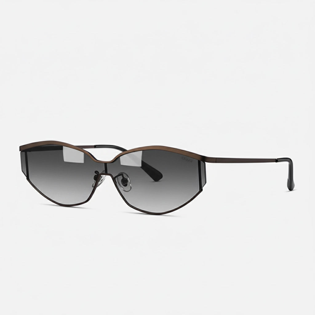 Side angle of fashionable cat-eye sunglasses showcasing a slim brown metal frame and gradient gray lenses.