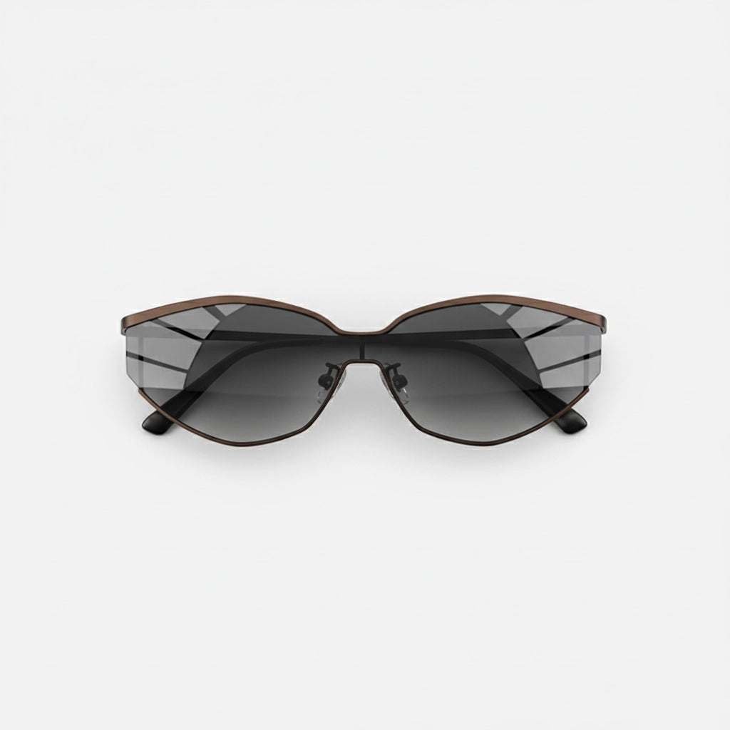 Side angle of fashionable cat-eye sunglasses showcasing a slim brown metal frame and gradient gray lenses.