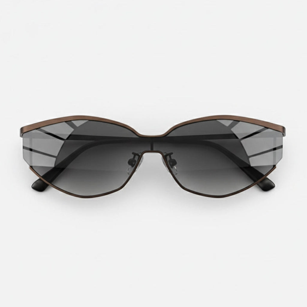 Side angle of fashionable cat-eye sunglasses showcasing a slim brown metal frame and gradient gray lenses.