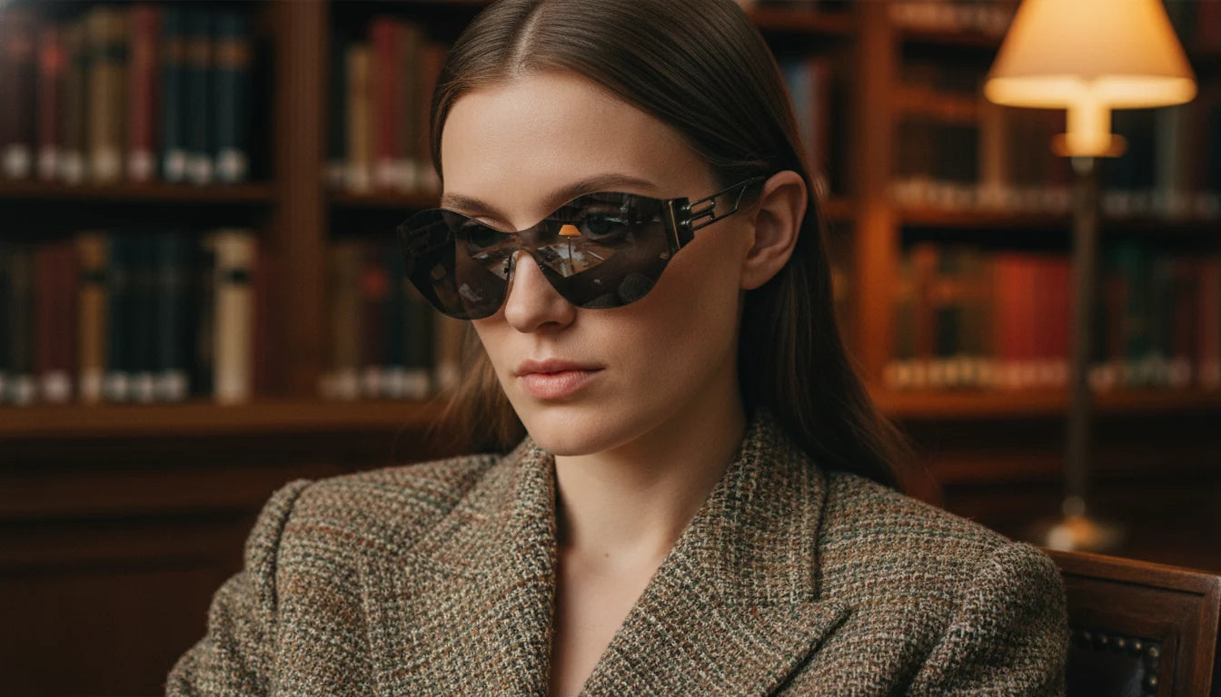 A woman wears sleek, angular sunglasses and a textured tweed blazer while sitting in a cozy, wood-paneled library; bookshelves and a warm table lamp blur in the background, blending classic and contemporary style.