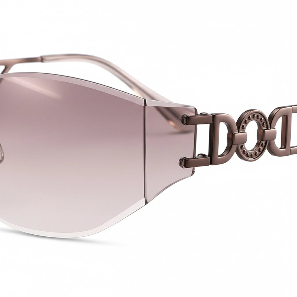 Close side view of model wearing Y2K rimless Pink red sunglasses with visible DO letter temple