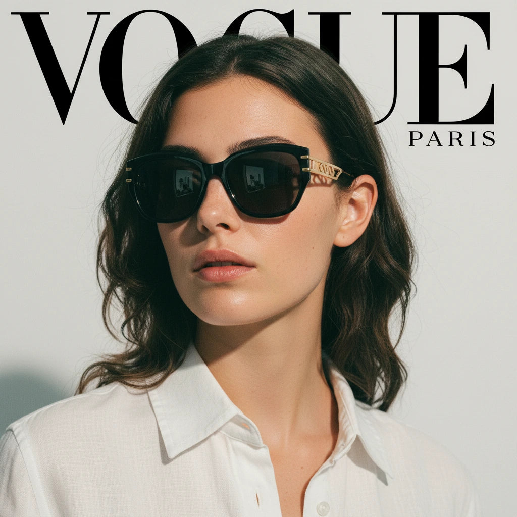 Model in Vogue Paris style wearing black cat-eye sunglasses with gold Greek key design
