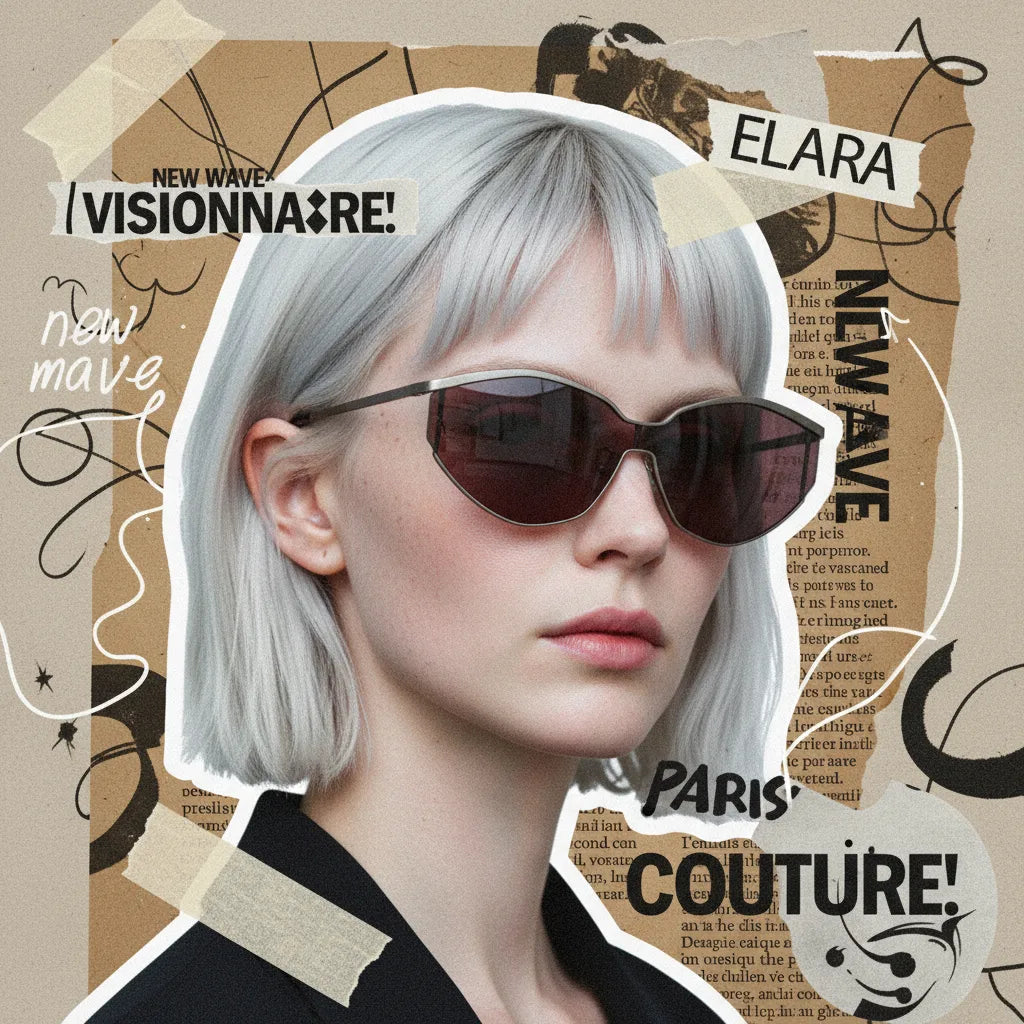 New wave Parisian couture metallic cat-eye sunglasses platinum blonde editorial collage