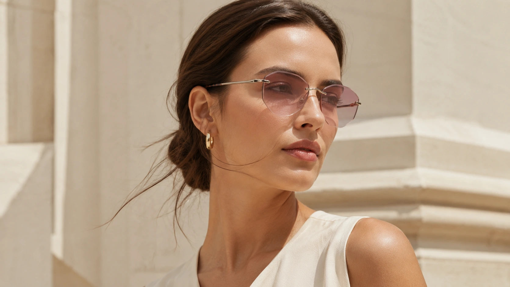 Wide fit rimless sunglasses for comfortable daily wear and travel