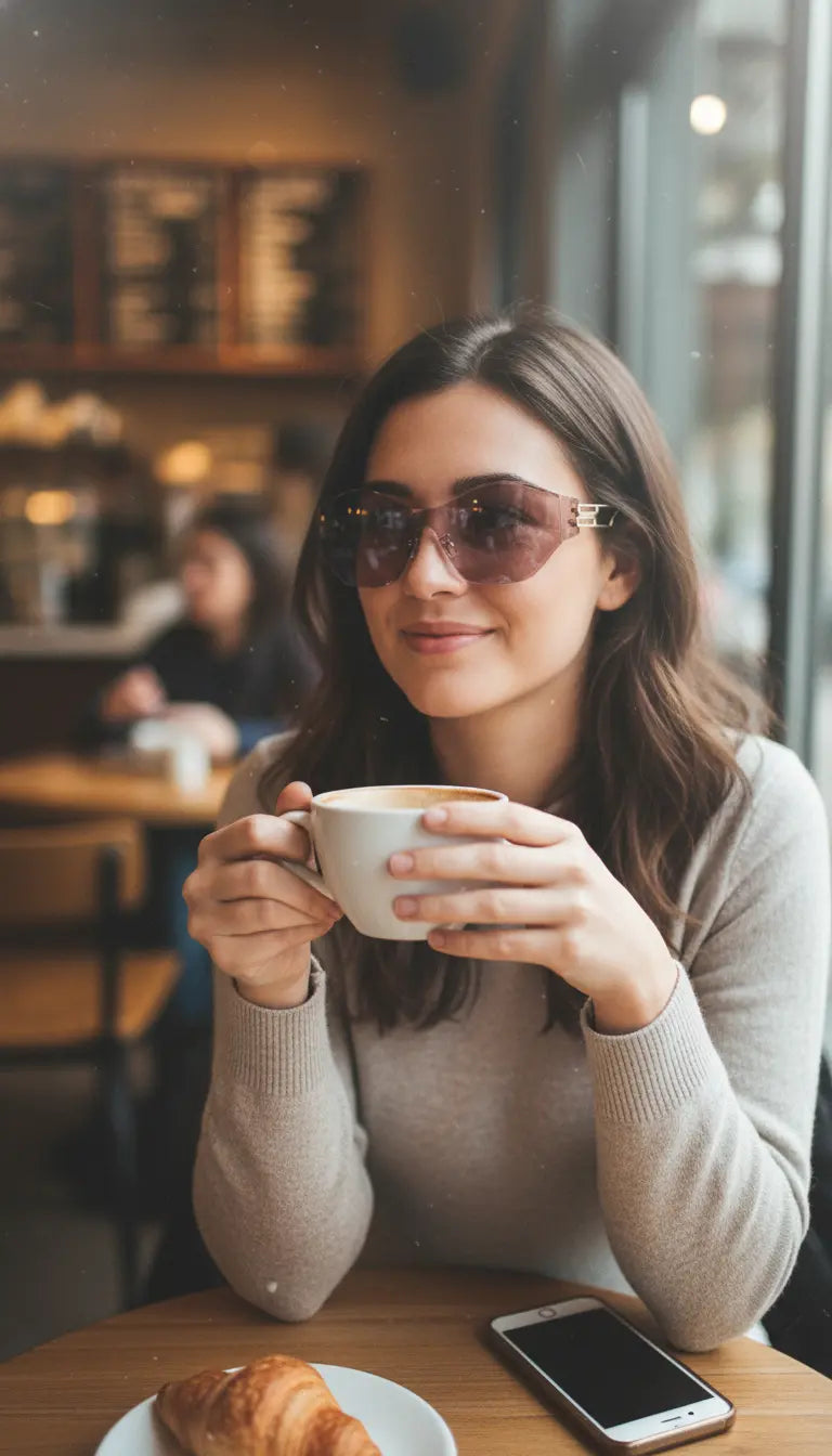 A woman in a light gray sweater holds a coffee cup at a café table (with a croissant and phone nearby), wearing stylish pink-tinted sunglasses—warm café lighting and another patron are blurred in the background.