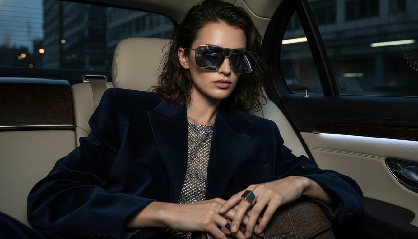 A woman wearing reflective silver shield sunglasses sitting in the back seat of a luxury car, presenting a sophisticated high-fashion eyewear aesthetic.