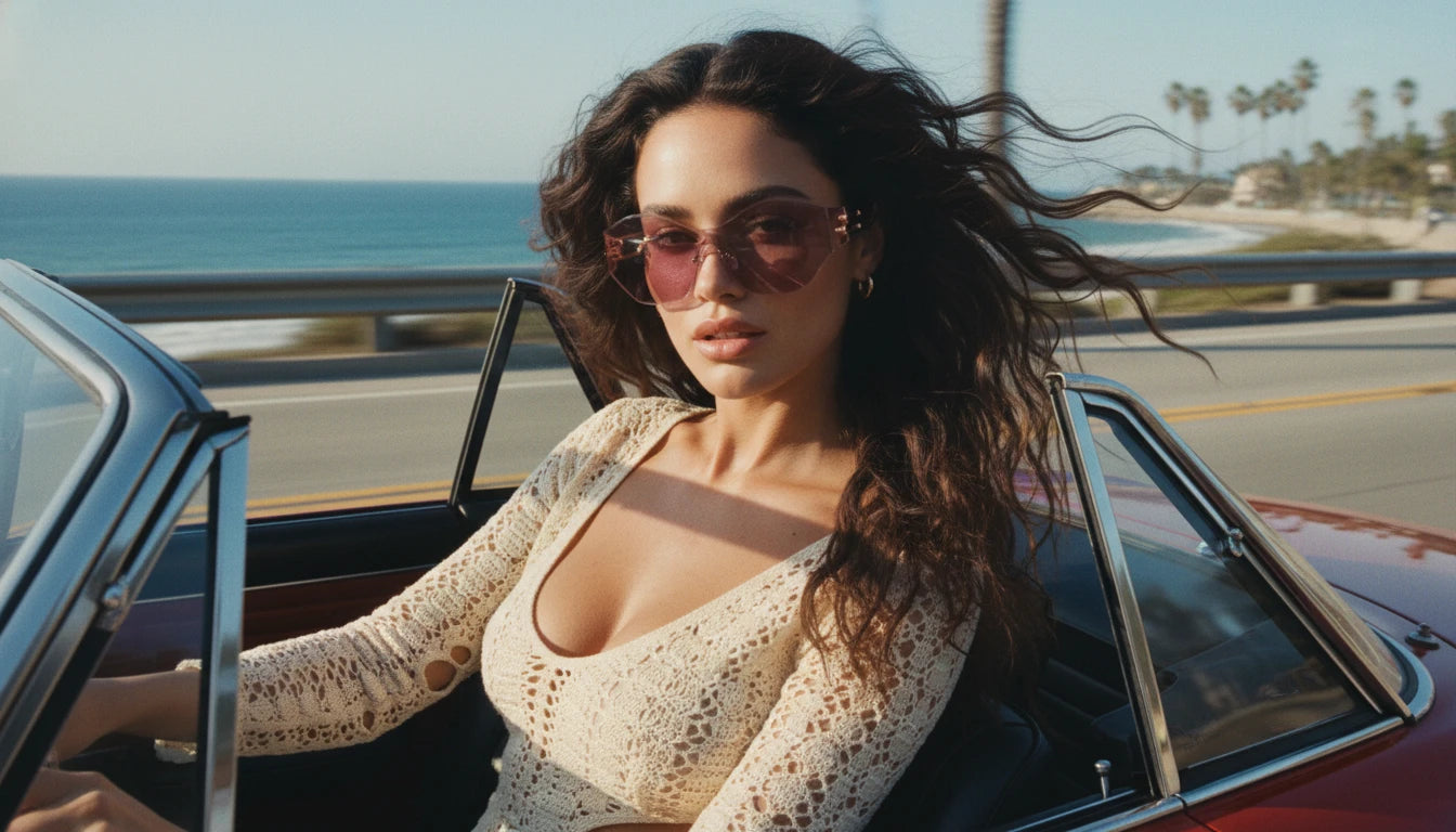 Stylish woman driving a classic red convertible on a sunny California coast road
