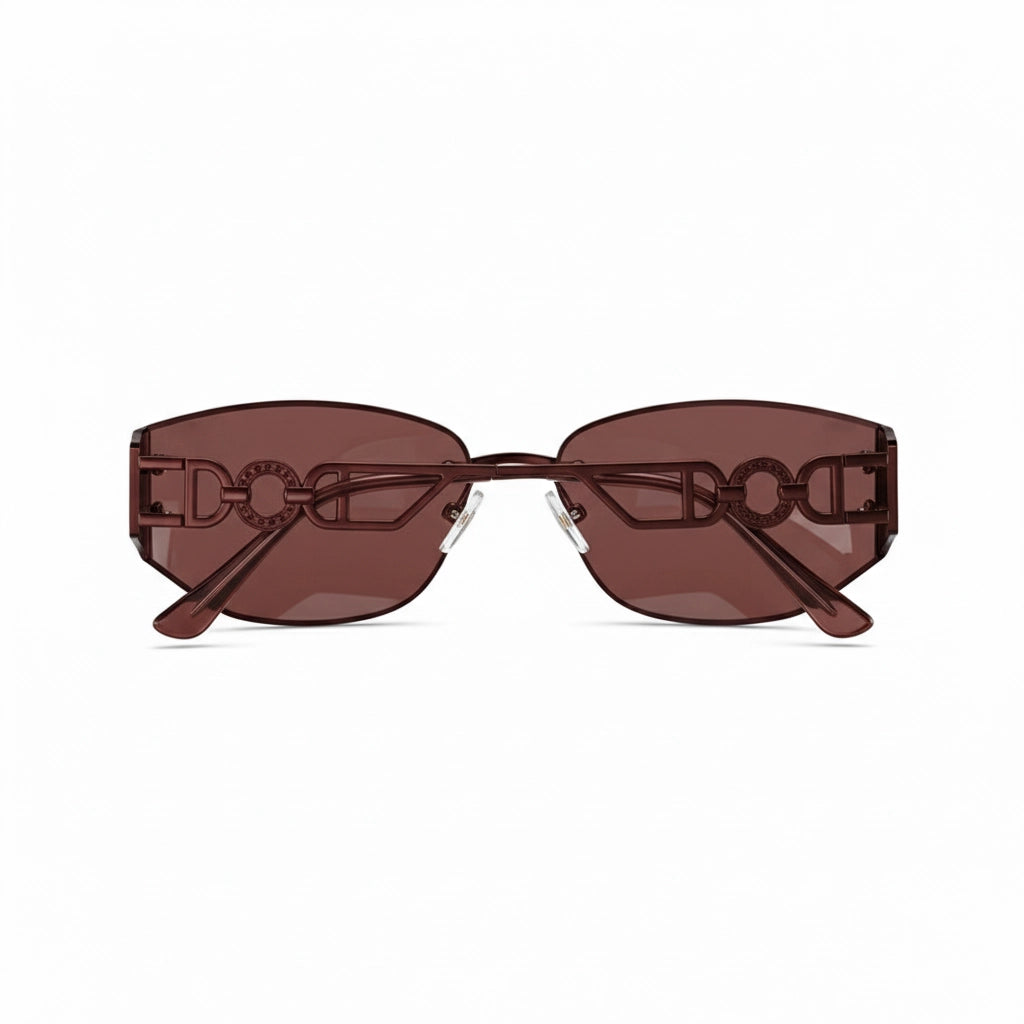 Y2K rimless wine red sunglasses front view with DO letter diamond embellishment
