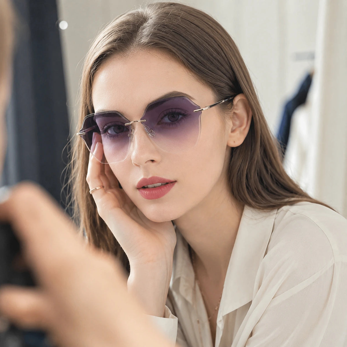 BAPORSSA air rimless hexagonal sunglasses purple gradient still life