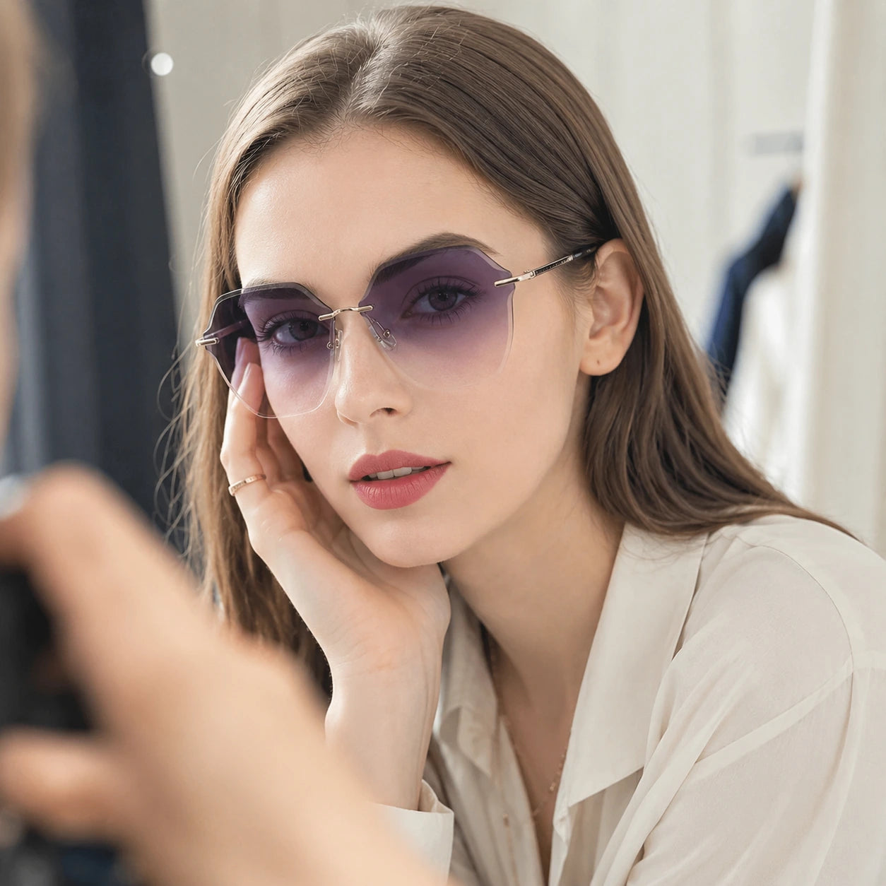 BAPORSSA air rimless hexagonal sunglasses purple gradient still life