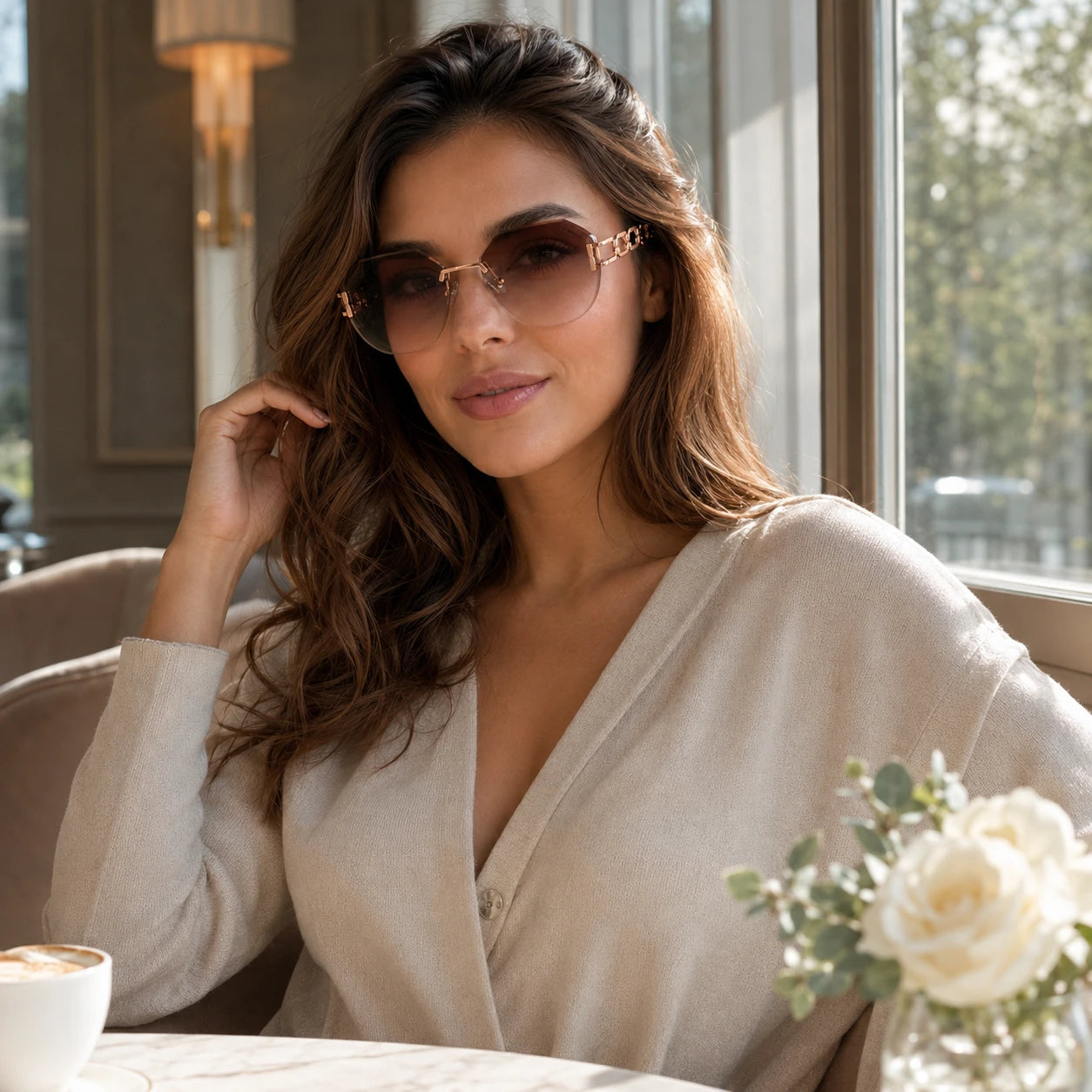 A stylish woman wearing Baporssa oversized rimless sunglasses sitting at a cafe table next to a window, wearing a beige cardigan with a coffee cup and white flowers in the foreground.